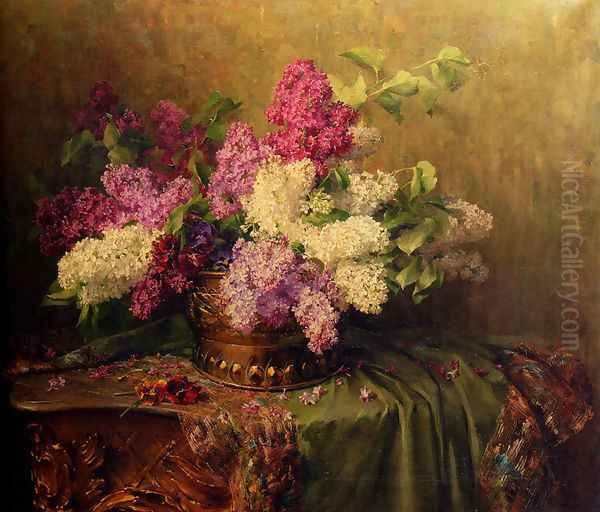 A Still Life With Lilacs And Violets On A Draped Guilt Rococo Table Oil Painting by Clara Von Sivers