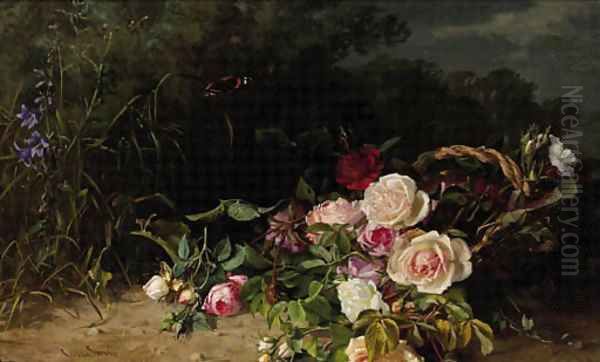 A forest landscape with roses in a wicker basket Oil Painting by Clara Von Sivers