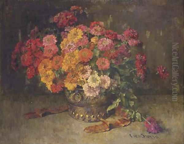 Colourful zinnias in a copper pot Oil Painting by Clara Von Sivers