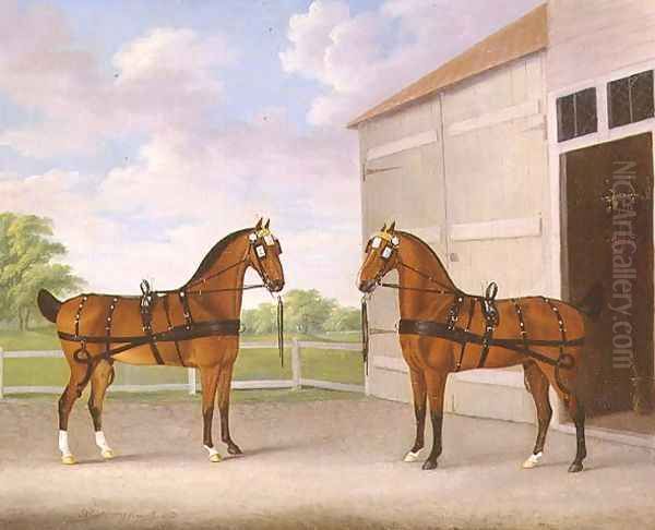 A Pair of Bay Carriage Horses in a Stable Yard, 1784 Oil Painting by John Nost Sartorius