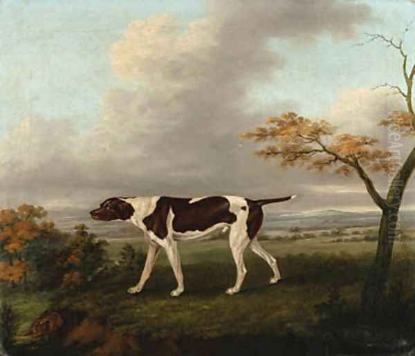 A pointer with a hare in an extensive landscape Oil Painting by John Nost Sartorius