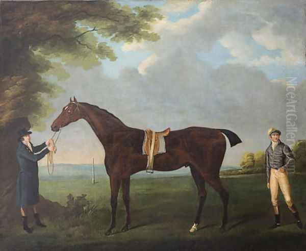 Diamond, held by a Groom, with his jockey Dennis Fitzpatrick, in a landscape Oil Painting by John Nost Sartorius