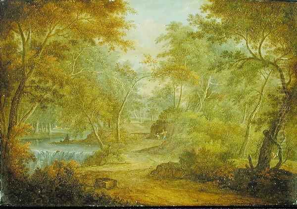 A Wooded Landscape with a Stream and a Fisherman Oil Painting by Thomas Smith of Derby