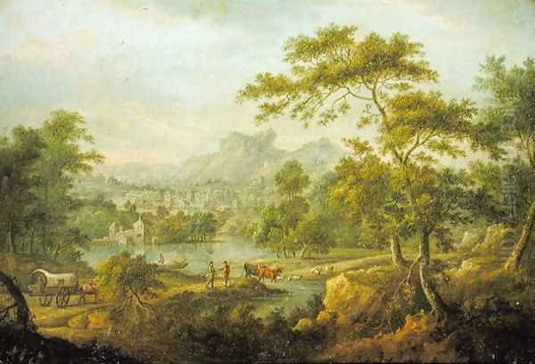 An Imaginary Landscape with a Wagon and a Distant View of a Town Oil Painting by Thomas Smith of Derby