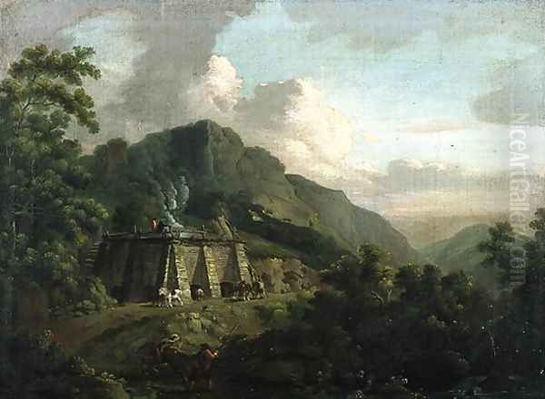 Wooded Landscape, with Workers and Horses Working a Lime Kiln Oil Painting by Thomas Smith of Derby