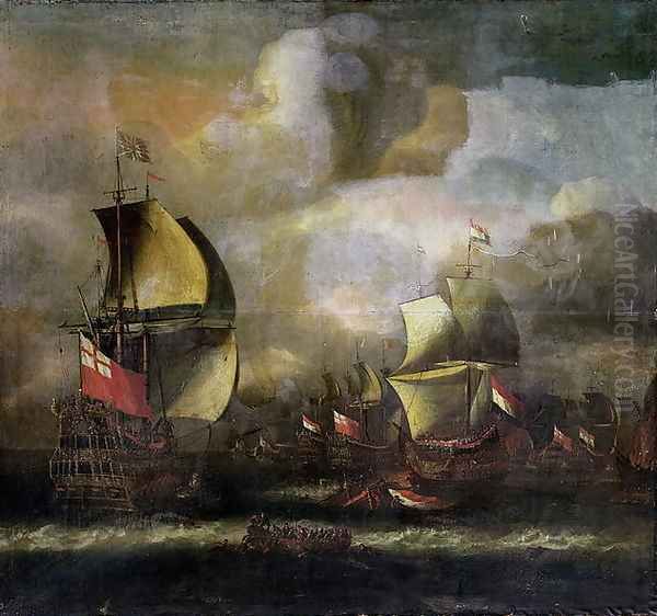 A Battle between English and Dutch fleets Oil Painting by Isaac Sailmaker