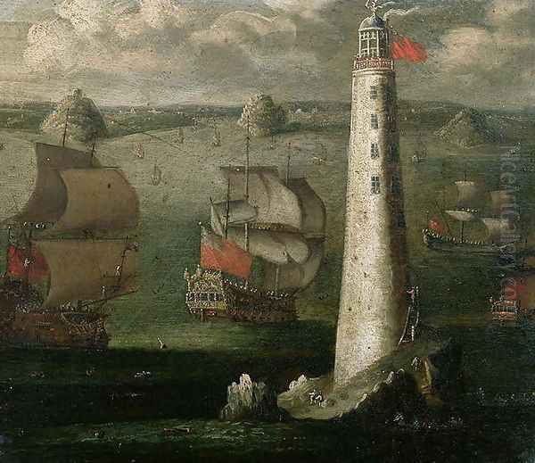 Men-o-War and other Vessels before the Eddystone Lighthouse Oil Painting by Isaac Sailmaker