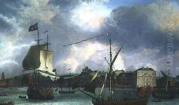 View of Greenwich with shipping Oil Painting by Isaac Sailmaker