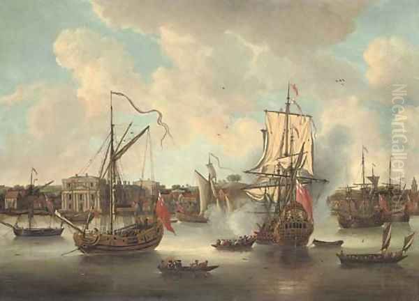 A flagship arriving in the Thames off Greenwich Hospital amidst anchored craft and other shipping on the river Oil Painting by Isaac Sailmaker