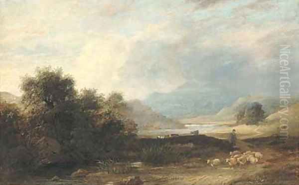 A shepherd and his flock by a brook at Allswater, Cumberland Oil Painting by James Stark