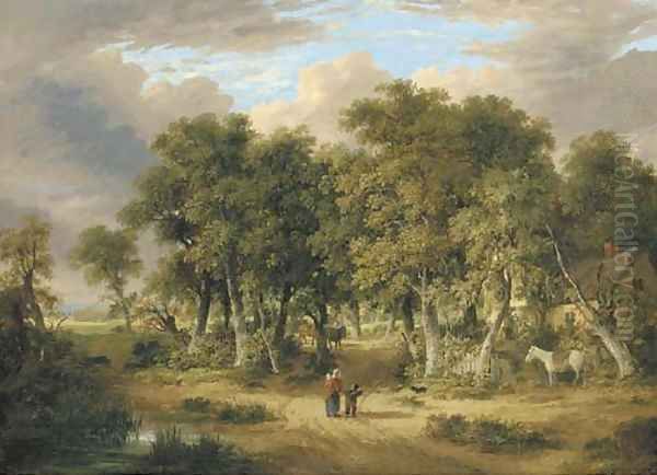 A wooded landscape with figures on a track, a cottage beyond Oil Painting by James Stark