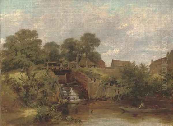 Eel catchers by the sluice, Trump's Mill, North Wales Oil Painting by James Stark