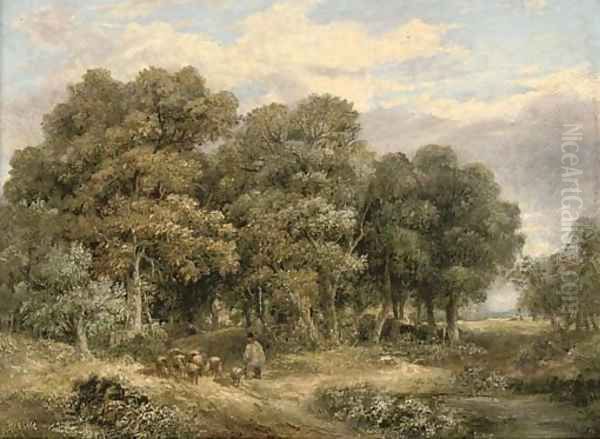 A drover and his flock in a wooded landscape Oil Painting by James Stark