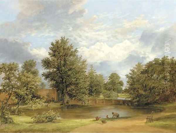 Parkland landscape with a gardener by a pond Oil Painting by James Stark