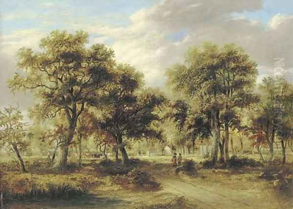 View of Richmond Park with figures on a path and cattle beyond Oil Painting by James Stark