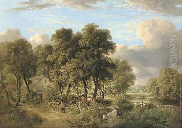 On the Yare a wooded river landscape with cattle, a figure and a cottage Oil Painting by James Stark