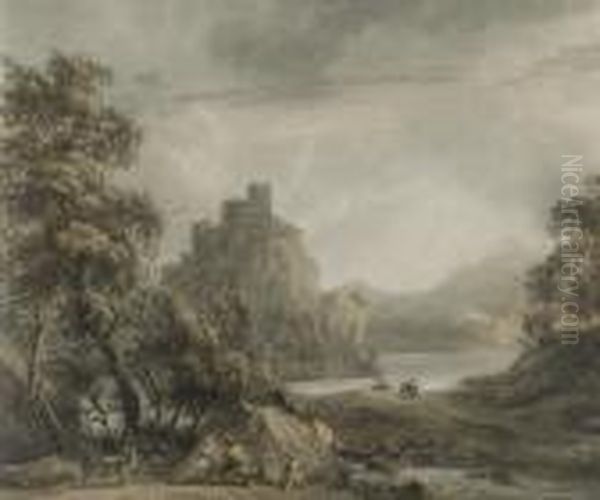 A Mountainous Landscape With A Castle And A Rustic Family In Theforeground Oil Painting by Paul Sandby