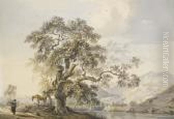 Figures And A Horse In A River Landscape Oil Painting by Paul Sandby