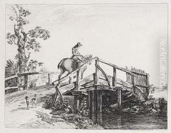 Horse And Rider Crossing A Wooden Bridge Oil Painting by Paul Sandby