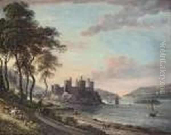 Conway Castle, North Wales, With Figures In The Foreground Andshipping Beyond Oil Painting by Paul Sandby