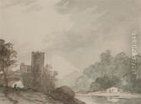 Lakeside Scene With Ancient Castle Oil Painting by Paul Sandby