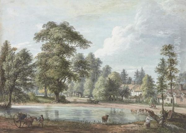 A Village Pond With Cattle Watering, Possibly Nuneham Courtenay,oxfordshire Oil Painting by Paul Sandby