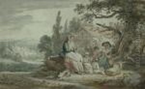 A Family Group Knitting Outside A Country Cottage Oil Painting by Paul Sandby