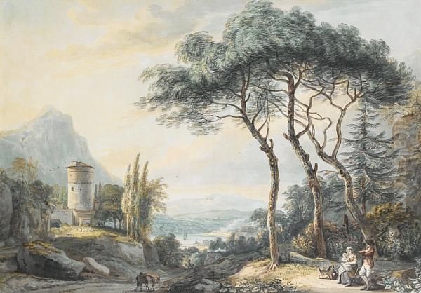 An Italianate Landscape With A 
Family Resting Beneath A Tree And Boats On A River In The Distance Oil Painting by Paul Sandby