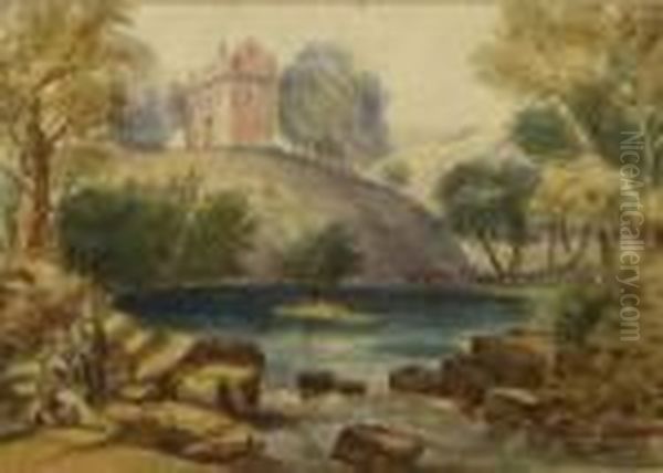 Castle On Hill Beyond Oil Painting by Paul Sandby