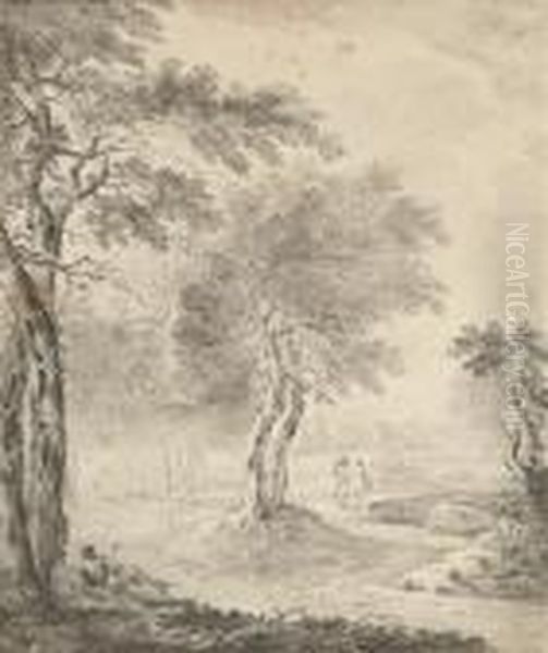 Figures Promenading In A Rural Landscape, A Village Beyond Oil Painting by Paul Sandby