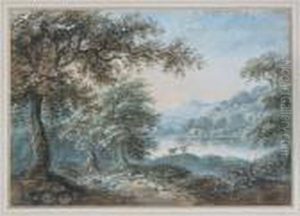 Lake Landscape With A Traveller Oil Painting by Paul Sandby