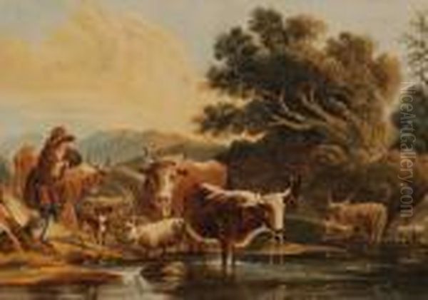 Herdsmen With Cattle Andgoats By A Stream Oil Painting by Paul Sandby