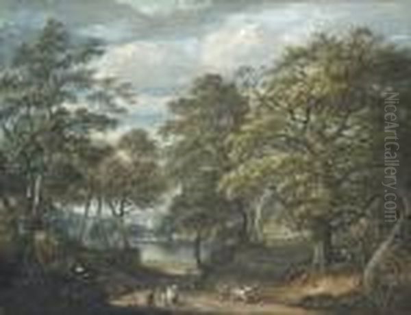 An Extensive Wooded River Landscape With Figures On A Country Roadand A Town Beyond Oil Painting by Paul Sandby