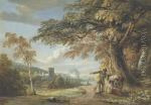 Travellers Resting On A Country Road, A Castle And Harbourbeyond Oil Painting by Paul Sandby