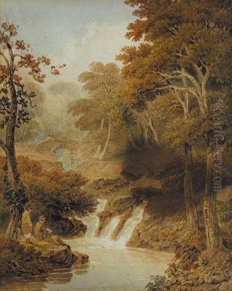 Figures By A Small Cascade With A Stonebridge Beyond Oil Painting by Paul Sandby