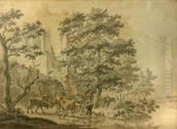 A Ruin Near A River With 
Figures, Cows And Sheep In The Foreground; With Two Other Landscape 
Drawings By Different Hands (a Group Of 3) Oil Painting by Paul Sandby