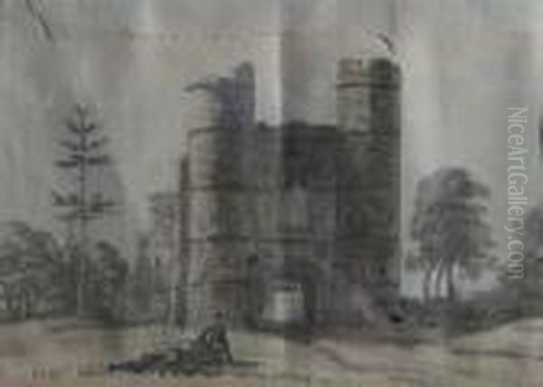 Figure Before A Ruined Gate Tower Oil Painting by Paul Sandby