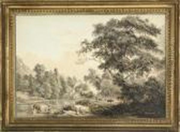 A Wooded River Landscape With 
Dairy Maids In The Foreground, A Cottage And Travellers On A Track 
Beyond Oil Painting by Paul Sandby