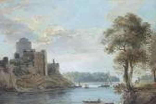 A Lazy Day On The Estuary Below A Ruined Castle Oil Painting by Paul Sandby