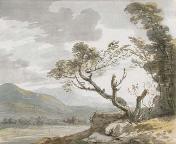 View Down A Valley Towards Distant Buildings, Trees In The Foreground Oil Painting by Paul Sandby