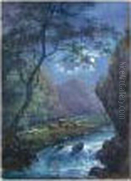 Cows By A River At Night; Figures By A Waterfall Oil Painting by Paul Sandby