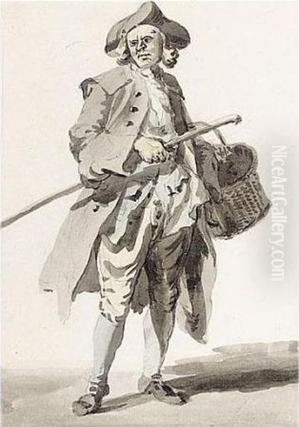 A Man With A Basket And Staff Oil Painting by Paul Sandby