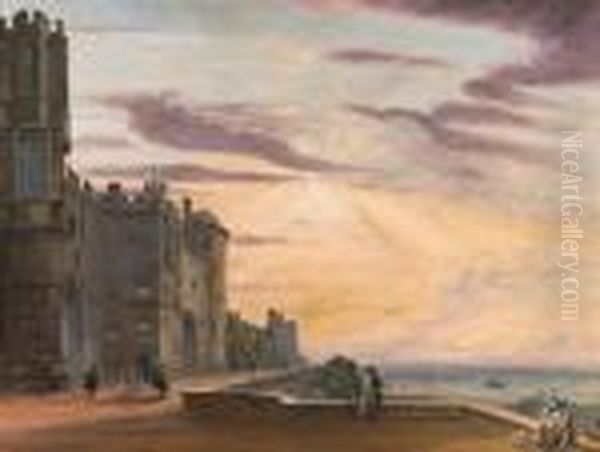 The North Terrace Of Windsor Castle Looking West Oil Painting by Paul Sandby