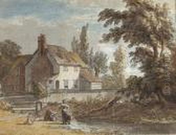 A Cottage By A River With Figures In The Foreground Oil Painting by Paul Sandby