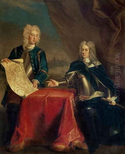 Duke of Marlborough discussing plans for the Siege of Bouchain with his Chief Engineer, Colonel Armstrong Oil Painting by Enoch Seeman