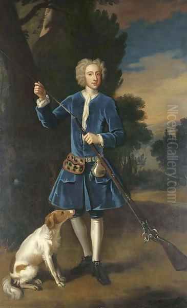 Portrait of a gentleman, full-length, in a blue velvet coat, loading his gun, a spaniel at his side, in a landscape Oil Painting by Enoch Seeman