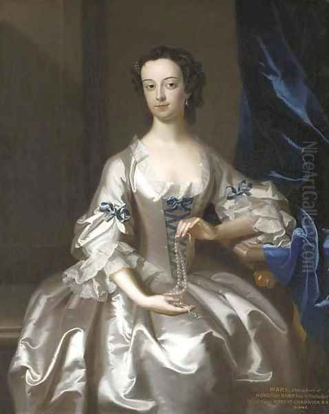 Portrait of Mary Rand, half-length, seated, in an oyster-satin dress with blue ribbons, holding a string of pearls Oil Painting by Enoch Seeman