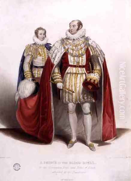 A Prince of the Blood Royal in the Coronation Dress and Robes of Estate Attended by his Trainbearer, 19th July 1821, engraved by Reynolds, 1824 Oil Painting by James Stephanoff