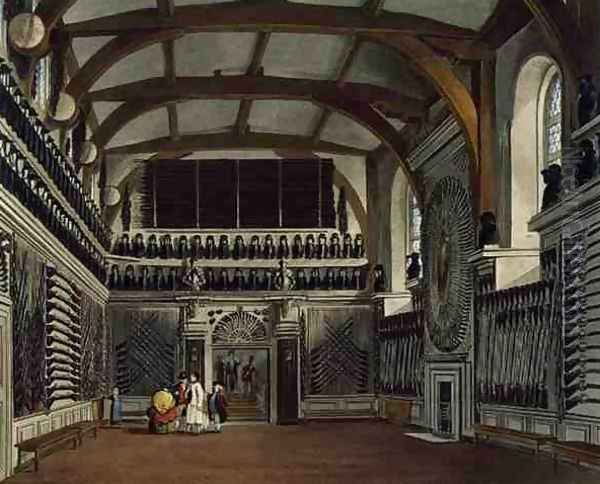 The Old Guard Chamber, The Round Tower, Windsor Castle, from Royal Residences, engraved by Thomas Sutherland b.1785, pub. by William Henry Pyne 1769-1843, 1818 Oil Painting by James Stephanoff