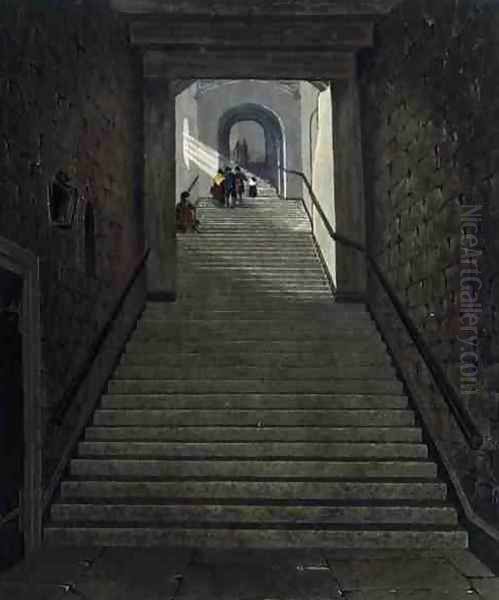 The Ancient Staircase, Windsor Castle, from Royal Residences, engraved by R. Reeve, pub. by William Henry Pyne 1769-1843, 1818 Oil Painting by James Stephanoff